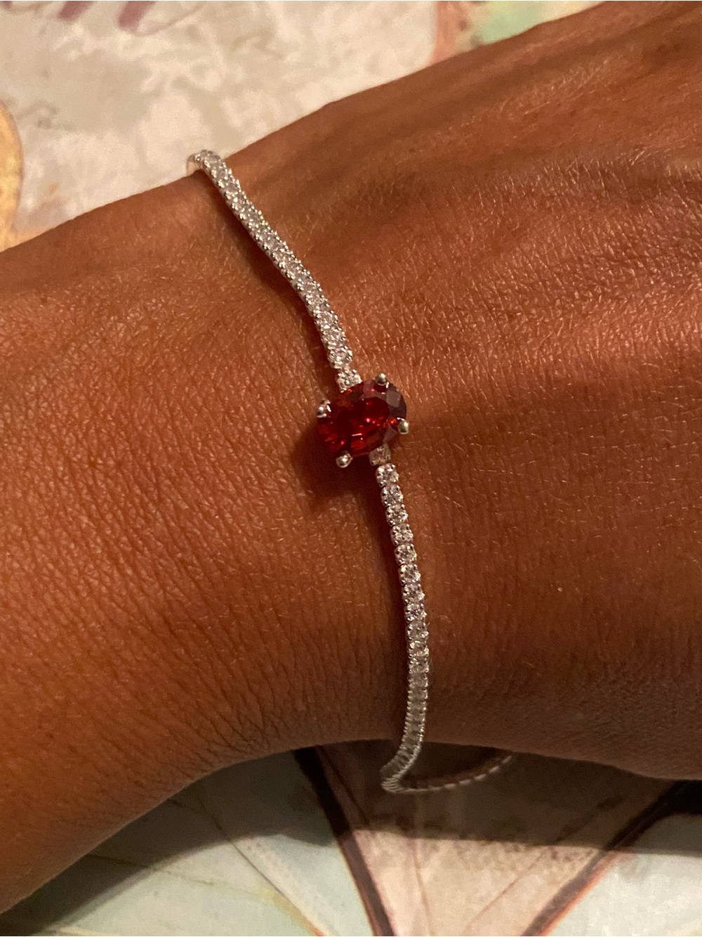 Silver 925 Tennis Bracelet with Red Heart Gem and clear zirconias